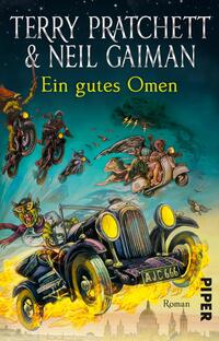 Zu sehen ist das Cover des Buches "Ein gutes Omen" von Terry Pratchett und Neil Gaiman. Auf dem Cover zu sehen ist ein rasender Bentley, begleitet von den Reitern der Apokalypse und einem Motorroller
