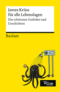 Buchcover des gelben Reclambändchens von James Krüss mit einem Oktopus, der von einem Radio mit Wasser begossen wird.