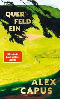 Cover von Querfeldein von Alex Capus mit einem gemalten Blick über ein Tal mit Wiese