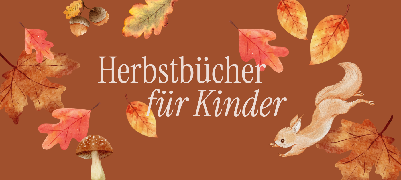 Herbstbücher für Kinder, ein Eichhörnchen springt und viele bunte Blätter fallen